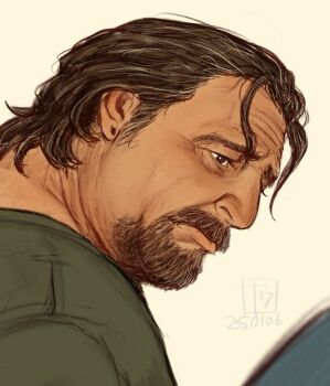 1boy 2025 beard brown_hair dark-skinned_male dark_skin elio_lopez_(o_natsuo88) facial_hair green_shirt grey_hair male_focus mature_male medium_hair messy_hair o_natsuo88 original sad shirt simple_background