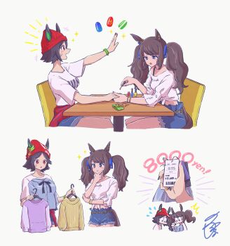 +++ 2girls :o ^^^ animal_ears applying_makeup bandaid bandaid_on_face barcode beanie blue_eyes blue_shorts blush breasts chibi clothes_around_waist clothes_hanger ears_through_headwear flying_sweatdrops grey_background hand_on_own_chin hat highres horse_ears horse_girl horse_tail long_hair midriff multicolored_nails multiple_girls multiple_views nail_polish open_mouth outstretched_arm price_tag red_eyes red_headwear sequential shirt short_hair shorts sign simple_background sitting small_breasts smile sparkle stroking_own_chin table tail tied_shirt tosen_jordan_(casual)_(umamusume) tosen_jordan_(umamusume) twintails umamusume unajiru white_shirt winning_ticket_(casual)_(umamusume) winning_ticket_(umamusume)