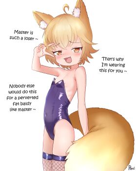 1girl :d ahoge animal_ear_fluff animal_ears arm_up bare_shoulders blonde_hair blush breasts covered_navel cowboy_shot english_text fang fishnet_thighhighs fishnets flat_chest fox_ears fox_girl fox_tail leotard loli looking_at_viewer mesugaki nipple_slip nipples open_mouth original pepzi purple_leotard short_hair simple_background small_breasts smile smug solo strapless strapless_leotard tail thighhighs v v_over_eye white_background