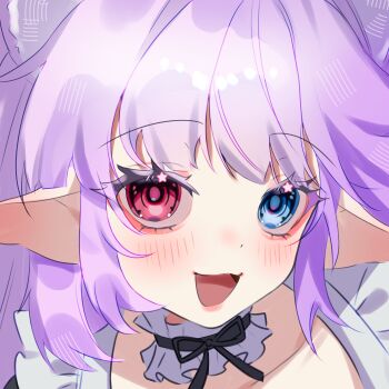 1girl :d absurdres black_choker blue_eyes blush choker commentary commission english_commentary frilled_choker frills heterochromia highres icy_artzy indie_virtual_youtuber long_hair looking_at_viewer mewukki_(vtuber) open_mouth portrait purple_eyes red_eyes ribbon_choker second-party_source smile solo star_(symbol) swept_bangs virtual_youtuber