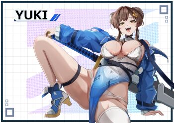 1girl :d absurdres bare_shoulders blue_jacket blue_shoes braid braided_bun breasts brown_hair bun_cover chaos_zero_nightmare character_name choker choko_bike commentary_request covered_navel double_bun dress eyeliner grid_background hair_bun high_heels highres jacket looking_at_viewer makeup mole mole_on_breast mole_under_mouth open_mouth panties pelvic_curtain piercing red_eyeliner shoes short_hair_with_long_locks simple_background single_thighhigh smile solo strapless strapless_dress sword thighhighs tongue tongue_out tongue_piercing underwear weapon white_panties white_thighhighs yellow_eyes yuki_(chaos_zero_nightmare)