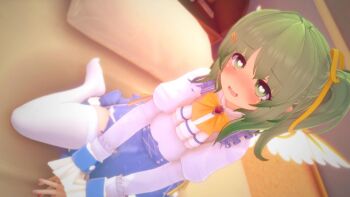 1girl 3d blue_skirt blurry blush bow bowtie bright_pupils brooch commentary_request daiyousei depth_of_field dutch_angle fairy_wings green_eyes green_hair heart heart-shaped_pupils jewelry juliet_sleeves long_sleeves looking_at_viewer lorraine_pucci medium_hair nose_blush on_bed one_side_up open_mouth pillow puffy_sleeves shirt sitting skirt smile solo symbol-shaped_pupils thighhighs touhou wariza white_shirt white_thighhighs wings yellow_bow yellow_bowtie