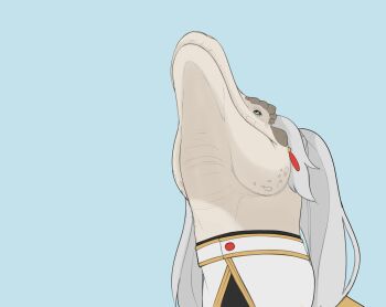 1girl alternate_design cretaceous_period dinosaur elf frieren highres looking_up meme pale0punk paleoart pointy_ears prehistoric_animal sousou_no_frieren tyrannosaurus_rex upward_angle_frieren_drawing_(meme) white_hair