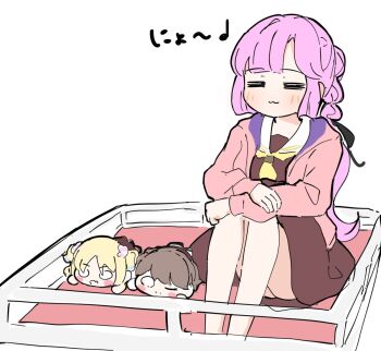 Rule 34 | 1girl, :3, = =, anyoji hime, arms on knees, black ribbon, blunt sidelocks, brown dress, character doll, closed eyes, commentary request, doll, dress, fujishima megumi, hair ribbon, hasu no sora school uniform, hood, hooded jacket, jacket, knees up, link! like! love live!, long sleeves, love live!, multi-tied hair, musical note, neckerchief, nesoberi, open clothes, open jacket, osawa rurino, pink hair, pink jacket, ponytail, quarter note, ribbon, sailor collar, sailor dress, school uniform, sidelocks, sitting, smile, solo, tazaki masanobu, virtual youtuber, white sailor collar, winter uniform, yellow neckerchief