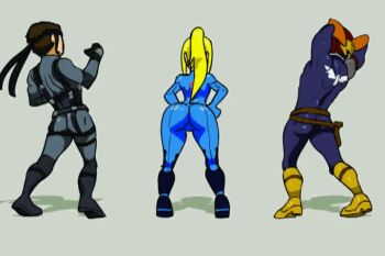 1girl 2boys animated animated_gif ass ass_shake blonde_hair bodysuit brown_hair captain_falcon crossover f-zero konami metal_gear_(series) metal_gear_solid metroid multiple_boys nintendo samus_aran skin_tight solid_snake super_smash_bros. zero_suit
