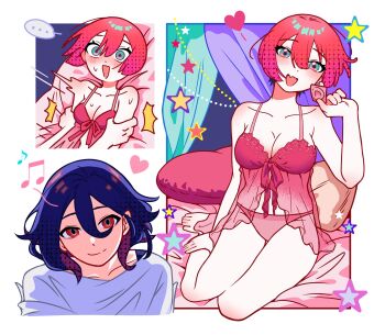 ... 1boy 1girl ^^^ amate_yuzuriha aqua_eyes babydoll bare_arms bare_legs bare_shoulders barefoot beamed_eighth_notes bed_sheet blue_eyes blush breasts cleavage closed_mouth commentary condom condom_wrapper cropped_torso dot_nose double-parted_bangs eighth_note fang feet flustered gundam gundam_gquuuuuux hair_between_eyes heart highres holding holding_condom large_breasts motion_lines musical_note nut87501 open_mouth panties pillow pink_babydoll pink_panties red_eyes red_hair shirt short_hair shuji_ito sitting skin_fang small_sweatdrop smile speech_bubble speed_lines spoken_ellipsis star_(symbol) symbol-only_commentary toes underwear underwear_only white_shirt wide-eyed yokozuwari