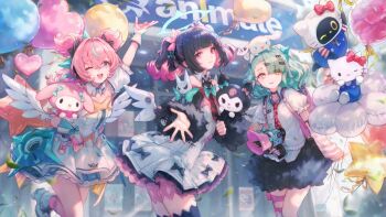 Rule 34 | 3girls, angels of delusion, aqua hair, aria (zenless zone zero), arm up, arm warmers, balloon, bangboo (zenless zone zero), bibimbub, black hair, black skirt, black thighhighs, bow, closed mouth, collared shirt, commentary, dress, english commentary, fingerless gloves, gloves, green bow, green eyes, green hair, hello kitty, hello kitty (character), holding, holding megaphone, kuromi, looking at viewer, looking up, megaphone, multicolored hair, multiple girls, my melody, my melody (series), nangong yu, necktie, one eye closed, open mouth, parted lips, pink gloves, pink hair, pink socks, red eyes, red necktie, sanrio, shirt, short sleeves, skirt, socks, streaked hair, striped arm warmers, sunna (zenless zone zero), thighhighs, white dress, white shirt, white wings, wings, zenless zone zero