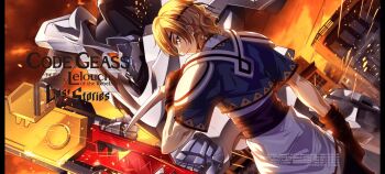 1boy arm_at_side armor backlighting blonde_hair blue_eyes blue_shirt brown_gloves brown_headband byakuen_(code_geass) closed_mouth cloud code_geass code_geass:_lost_stories code_geass:_soubou_no_oz crop_top dagger dutch_angle f4samurai from_behind gloves green_eyes hand_up headband highres holding holding_dagger holding_knife holding_weapon knife looking_at_viewer looking_back male_focus mecha mole mole_under_eye official_art orpheus_zevon outdoors profile reverse_grip robot serious shirt short_hair short_sleeves shoulder_armor sidelocks solo sparks standing sunset tunic weapon