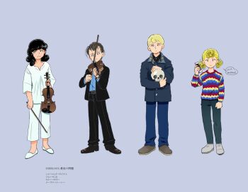 2boys 2girls black_hair blonde_hair brother_and_sister charlie_brown commentary_request cosplay eurus_holmes eurus_holmes_(cosplay) holding holding_instrument holding_skull holding_violin hospital_gown instrument john_hamish_watson john_hamish_watson_(cosplay) linus_van_pelt lucy_van_pelt molly_hooper molly_hooper_(cosplay) multiple_boys multiple_girls peanuts_(comic) sally_brown sherlock_(bbc) sherlock_holmes_(sherlock) sherlock_holmes_(sherlock)_(cosplay) short_hair siblings skull slippers thevigil violin