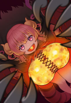 1girl absurdres anarchojs breasts claws commentary_request curled_horns dragon_girl dragon_horns fire highres horns huge_breasts ilulu_(maidragon) kobayashi-san_chi_no_maidragon legs looking_at_viewer open_mouth pink_hair red_eyes sharp_teeth shortstack slit_pupils smile solo teeth thighs twintails yellow_horns