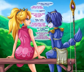 2girls ass blonde_hair blue_eyes blue_hair blue_skin colored_skin crown furry green_eyes highres hook huge_ass jewelry krystal mario_(series) multiple_girls nintendo princess_peach sigurd_hosenfeld star_fox wide_hips