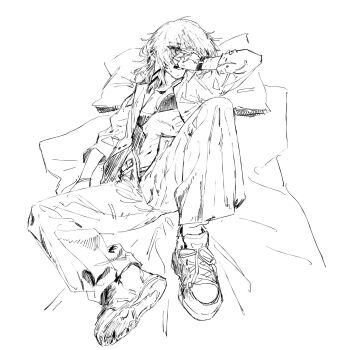 1girl blush bocchi_the_rock! bra commentary hair_ornament hairclip hand_over_face hashtag-only_commentary highres looking_at_viewer lying navel on_back open_clothes open_pants open_shirt panties pants pillow shinota12 shoes short_hair sneakers solo underwear yamada_ryo