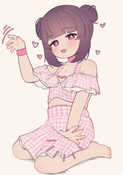 1girl :d absurdres alternate_costume alternate_hairstyle barefoot cleavage_cutout clothing_cutout covered_navel crybabyglo double_bun fallenshadow flat_chest hair_bun heart highres indie_virtual_youtuber loli looking_at_viewer open_mouth patterned patterned_clothing patting_lap pink_eyes pink_wrist_cuffs purple_hair seiza simple_background sitting smile solo swimsuit virtual_youtuber waving wrist_cuffs