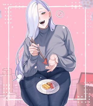 1girl absurdres blue_lips blue_pants blush breasts chopsticks commentary_request denim eyeliner fate/grand_order fate_(series) food grey_sweater hair_over_one_eye highres hiyayaako jeans large_breasts long_hair long_sleeves looking_at_viewer makeup mrs._snake_(fate) open_mouth pants plate smile solo sweater white_hair yellow_eyes