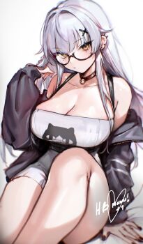 1girl absurdres animal_print bare_shoulders bell black-framed_eyewear black_choker black_jacket black_nails blush breasts cat_print choker cleavage closed_mouth collarbone commentary dokuro_deluxe ear_piercing english_commentary glasses hair_intakes hair_ornament happy_birthday highres jacket large_breasts legs long_hair long_sleeves looking_at_viewer maru_(maru_ccy) mole mole_under_eye nail_polish neck_bell off_shoulder original piercing shorts simple_background sitting solo white_background white_hair x_hair_ornament yellow_eyes