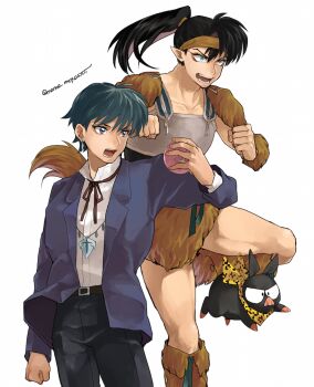 Rule 34 | 2boys, animal, black hair, blue eyes, clenched hands, commentary request, creator connection, crossover, fangs, formal clothes, hibiki ryouga, holding, inuyasha, jacket, juumonji tsubasa, kouga (inuyasha), kyoukai no rinne, leg warmers, long hair, looking to the side, mame moyashi, multiple boys, multiple crossover, pig, ponytail, ranma 1/2, simple background, standing, standing on one leg, suit, tail, white background, wolf tail
