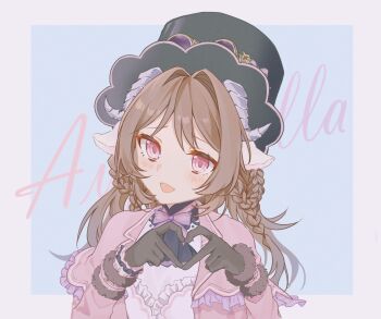 Rule 34 | 1girl, :d, animal ears, arknights, black gloves, black hat, blue background, blush, border, braid, brown hair, character name, chinese commentary, commentary request, curled horns, eyjafjalla (arknights), eyjafjalla (fluffy little witch) (arknights), four-finger heart hands, frills, gloves, grey border, grey horns, hair intakes, hat, heart, heart hands, highres, horns, jacket, long hair, looking at viewer, official alternate costume, open clothes, open jacket, open mouth, outside border, pink eyes, pink jacket, sheep ears, sheep girl, sheep horns, smile, solo, upper body, yeming ye