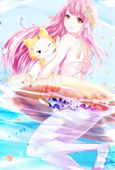 Rule 34 | 1girl, absurdres, ahoge, air bubble, animal, back, backless swimsuit, bare legs, bare shoulders, barefoot, blue sky, brown eyes, bubble, cat, cloak, closed mouth, clothed animal, cloud, commentary request, criss-cross back-straps, ear covers, flower, flower ring, foot out of frame, frilled one-piece swimsuit, frills, from behind, hair flower, hair ornament, happy, highres, holding, holding animal, holding cat, hood, hood up, hooded cloak, innertube, lipstick, long hair, looking at viewer, looking back, makeup, miracle nikki, momo (nikki), nail polish, nikki (nikki), nikki (series), one-piece swimsuit, one eye closed, orange flower, partially submerged, pink hair, pink lips, pink nails, pink one-piece swimsuit, pointing, polka dot one-piece swimsuit, rose, sakura (0tjagjmgptjm), shoulder blades, sky, smile, swim ring, swimsuit, tareme, toes, v, very long hair, water, whiskers, white cat, white flower, yellow cloak, yellow flower, yellow rose