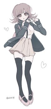 1girl :o artist_name black_shirt black_thighhighs breasts brown_hair brown_skirt collared_shirt danganronpa_(series) danganronpa_2:_goodbye_despair flipped_hair four-finger_heart_hands full_body hair_ornament heart heart_hands highres hood jacket long_sleeves looking_at_viewer medium_hair nanami_chiaki neck_ribbon oguma_(ogm) open_clothes open_jacket pink_eyes pink_shoes ribbon shirt shirt_tucked_in shoes simple_background skirt solo thighhighs two-tone_shirt white_background white_shirt zettai_ryouiki