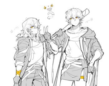 1boy 1girl arm_ribbon arrow_(symbol) baseball_bat belt bright_pupils caelus_(honkai:_star_rail) caelus_(honkai:_star_rail)_(cosplay) clenched_hand closed_mouth coat collarbone cosplay costume_switch cowboy_shot crossdressing crossdressing_(ftm) crossdressing_(mtf) dairyexpir6767 dual_persona fingerless_gloves gloves greyscale hair_between_eyes hair_over_one_eye hand_on_own_hip hand_up hashtag-only_commentary highres holding holding_baseball_bat honkai:_star_rail honkai_(series) hood hooded_coat jacket lapels long_hair long_sleeves looking_at_viewer looking_up miniskirt monochrome open_clothes open_coat open_jacket orange_eyes pants ribbon shirt short_hair sidelocks simple_background skirt standing star_(symbol) stelle_(honkai:_star_rail) stelle_(honkai:_star_rail)_(cosplay) t-shirt tassel thigh_strap trailblazer_(honkai:_star_rail) two-sided_coat two-sided_fabric two-sided_jacket v white_pupils