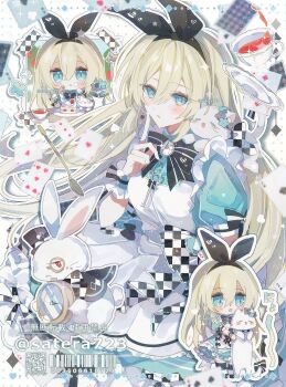 1girl alice&#039;s_adventures_in_wonderland alice_(alice_in_wonderland) apron aqua_dress aqua_eyes black_bow black_hairband blonde_hair blush bow cake card checkered_bow checkered_clothes chibi cup dress finger_to_cheek food frilled_dress frilled_wristband frills hair_between_eyes hairband highres long_hair looking_at_viewer parted_lips playing_card short_sleeves spoon straight_hair teacup white_apron white_rabbit_(alice_in_wonderland) yakinikusakoku