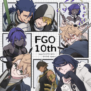 1girl 6+boys anniversary apple_rabbit arthur_pendragon_(fate) blonde_hair blood blood_on_face blue_hair blush brown_eyes brown_hair cu_chulainn_(fate) cu_chulainn_(fate/prototype) dark-skinned_male dark_skin dated detached_collar dress earrings fate/grand_order fate/prototype fate_(series) food food_art glasses green_eyes hassan_of_serenity_(fate) hassan_of_serenity_(lostroom_outfit)_(fate) headband highres hood hood_up jacket jekyll_and_hyde_(fate) jewelry long_hair looking_at_viewer multiple_boys multiple_views nakahara_(mu_tation) one_eye_closed open_mouth ozymandias_(fate) paracelsus_von_hohenheim_(fate) ponytail purple_eyes purple_hair red_eyes shirt short_hair smile sweatdrop w