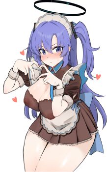 Rule 34 | 1girl, apron, black halo, blue archive, blush, breasts, cleavage, commentary, covered erect nipples, dress, four-finger heart hands, frilled apron, frilled skirt, frills, hair ornament, halo, heart, heart hands, highres, inverted nipples, kamitasi 555, large breasts, long hair, looking at viewer, maid apron, maid headdress, mechanical halo, no bra, puffy nipples, puffy short sleeves, puffy sleeves, purple eyes, purple hair, see-through clothes, short sleeves, skirt, solo, thick thighs, thighs, triangle hair ornament, two side up, waist apron, wrist cuffs, yuuka (blue archive)