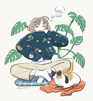 1girl brown_hair brown_pants cake cake_slice calico_(pattern) calico_cat cat closed_eyes commentary cushion dot_nose food full_body gesooo_4 highres indian_style long_sleeves monstera_deliciosa open_mouth original pants plant potted_plant rainbow shirt shirt_under_sweater shooting_star short_hair simple_background sitting sleepy socks solo squeans swept_bangs undressing unworn_clothes white_background white_socks zabuton