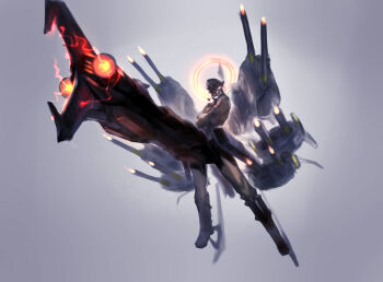 Rule 34 | beard, cannon, closed mouth, crossed arms, electricity, facial hair, firing, floating, glowing, glowing eye, grin, halo, highres, jian huang, mecha danshi, muscular, mustache, old, old man, original, phallic symbol, smoking pipe, red eyes, topless male, smile