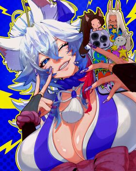 1girl :3 absurdres animal_ear_fluff animal_ears asa_no_ha_(pattern) blue_background blue_eyes blue_hair blue_nails bow breasts brown_hair cellphone character_doll cleavage commentary crescent crossed_bangs doll earrings english_commentary english_text facial_mark fake_nails final_fantasy final_fantasy_xiv fox_ears fox_girl glasses gradient_hair grey_hair grin hair_between_eyes hand_up highres holding holding_phone huge_breasts indie_virtual_youtuber japanese_clothes jewelry katelyn_regia_(temporaltactics) kimono kuromaru_(bluebynightlife) lady_qathrin_(vtuber) lightning_bolt_symbol long_hair middle_ring mole mole_under_mouth multicolored_hair neck_tassel one_eye_closed original ornate_phone_case outline phone ponytail purple_bow rabbit_ears rabbit_girl red_hair second-party_source sleeveless sleeveless_kimono smartphone smile solo star_(symbol) suillustration tassel tassel_earrings tekkou upper_body v viera warrior_of_light_(ff14) whisker_markings white_hair white_kimono wolf_ears wolf_girl yellow_outline |_|