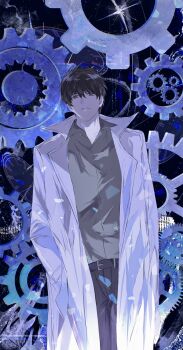 1boy 8d2suga9 black_eyes black_hair black_shirt blue_theme coat collared_shirt cowboy_shot gears hands_in_pockets head_tilt highres kim_dokja male_focus omniscient_reader&#039;s_viewpoint open_clothes open_coat parted_lips popped_collar shirt short_hair solo sparkle underlighting white_coat