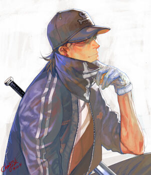 1boy bandana baseball_bat baseball_cap black_bandana black_jacket black_pants blue_eyes bone_print brown_hair ctkcave gloves hat jacket male_focus mature_male medium_hair open_clothes open_jacket original pants shirt simple_background sitting skull_print solo track_jacket white_background white_gloves white_shirt