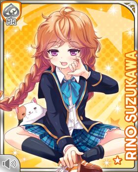 1girl ahoge bow braid brown_hair card_(medium) cat character_name collarbone day girlfriend_(kari) green_bow hair_ribbon official_art open_mouth outdoors plaid_clothes plaid_skirt pleated_skirt polka_dot polka_dot_bow purple_eyes qp:flapper ribbon school_uniform shoes sitting skirt socks solo suzukawa_rino twin_braids yawning yellow_background