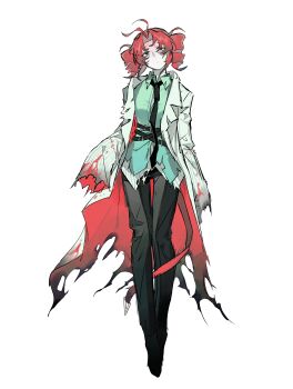 Rule 34 | 1girl, absurdres, aqua shirt, black necktie, black pants, coat, commentary request, drill hair, highres, kasane teto, killlb, necktie, pants, red hair, shirt, simple background, sleeves past wrists, striped clothes, synthesizer v, torn clothes, twin drills, twirling hair, two-sided coat, two-sided fabric, utau, vertical-striped clothes, white background, white coat