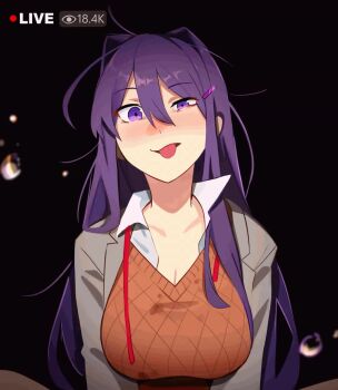 1girl animated animated_gif breasts doki_doki_literature_club fireworks highres implied_ejaculation khyle. large_breasts meme open_mouth purple_eyes purple_hair rigby_the_cat_(meme) saliva smile video yuri_(doki_doki_literature_club)