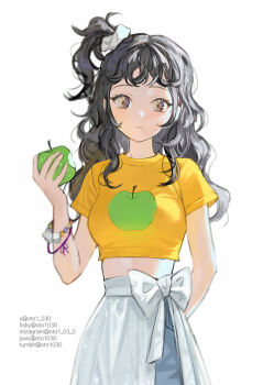 Rule 34 | 1girl, apple, apple print, arm at side, black hair, bluesky username, breasts, brown eyes, closed mouth, commentary, cowboy shot, crop top, cropped shirt, english commentary, expressionless, food, food bite, food print, fruit, fruit print, green apple, hair ornament, hair scrunchie, hand up, holding, holding food, holding fruit, instagram username, long hair, looking at viewer, midriff, one side up, original, oto1 030, pants, pants under skirt, pixiv username, print shirt, scrunchie, shirt, short sleeves, side slit, simple background, skirt, solo, standing, t-shirt, tumblr username, twitter username, wavy hair, white background, white scrunchie, white skirt, yellow shirt