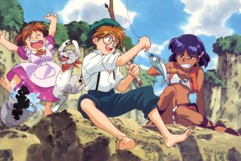 1boy 1other 2girls blue_eyes blue_hair brown_hair dark-skinned_female dark_skin feet fish fishing fushigi_no_umi_no_nadia gainax highres jean_roque_lartigue king_(nadia) looking_at_another marie_en_carlsberg multiple_girls nadia_la_arwall open_mouth outdoors pelvic_curtain purple_hair tagme teeth upper_teeth_only