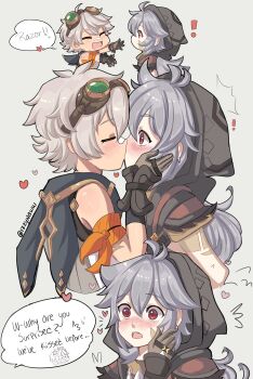 2boys absurdres bandaid bandaid_on_face bandaid_on_nose bennett_(genshin_impact) brown_gloves closed_eyes commentary couple english_commentary english_text genshin_impact gloves goggles goggles_on_head grey_hair hair_between_eyes heart highres izzynaww looking_at_another male_focus multiple_boys outstretched_arms razor_(genshin_impact) red_eyes sequential short_hair simple_background speech_bubble surprised wolf_boy yaoi