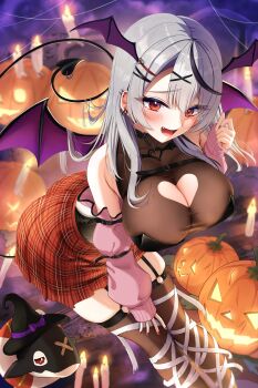 1girl absurdres bandages blush breasts candle demon_girl demon_tail demon_wings grey_hair hair_ornament hairclip halloween highres hololive large_breasts long_hair looking_at_viewer open_mouth pumpkin red_eyes red_skirt sakamata_chloe single_tooth skirt tail takotakochan_1006 tooth wings
