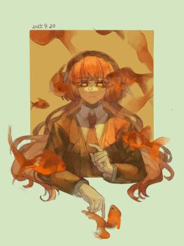 1girl border brown_hairband brown_suit brown_vest collared_shirt commentary dong_lin dress_shirt english_commentary fish formal_clothes goldfish green_border hairband highres ishmael_(project_moon) limbus_company long_hair long_sleeves looking_at_animal looking_down necktie orange_hair orange_necktie outside_border parted_bangs project_moon shirt solo suit vest white_shirt yellow_background yellow_eyes