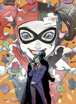 1girl 2boys ? alex_sinclair aqua_eyes artist_collaboration asymmetrical_gloves back-to-back batman batman_(series) black_cape black_gloves bow cane cape colored_skin commentary_request confetti cowl dc_comics domino_mask eye_mask formal_clothes gloves green_hair grin harley_quinn harley_quinn_(classic) hat highres jacket jester jester_cap jim_lee mask mismatched_gloves multiple_boys open_mouth orange_background pants peach_momoko profile purple_bow purple_jacket purple_pants purple_suit red_gloves red_lips short_hair smile striped_bow suit superhero_costume the_joker white_skin