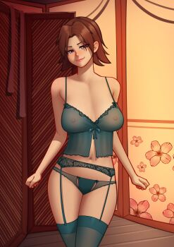 absurdres bedroom blue_panties blue_thighhighs blush breasts brown_hair closed_mouth deilan12 eyeliner floral_print garter_belt garter_straps grey_eyes highres lace lace-trimmed_panties lace_trim large_breasts lingerie lipstick long_bangs looking_at_viewer makeup medium_hair navel negligee nintendo nipples panties parted_bangs pokemon pokemon_conquest ribbon_trim roncostar see-through_clothes sengoku_musou shiny_skin smile tachibana_ginchiyo_(sengoku_musou) thighhighs thighs underwear wide_hips wooden_floor
