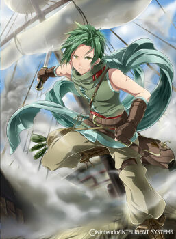 1boy boots brown_boots brown_gloves clenched_hands dagger fingerless_gloves fire_emblem fire_emblem:_path_of_radiance fire_emblem_cipher fuyuzora_minori gloves green_hair green_vest holding holding_dagger holding_knife holding_weapon knife nintendo official_art sleeveless sleeveless_vest sothe_(fire_emblem) vest weapon yellow_eyes