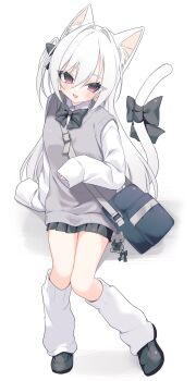1girl animal_ear_fluff animal_ears bag black_bow black_bowtie black_shoes black_skirt bow bowtie cat_ears cat_girl cat_tail fang full_body grey_vest hair_between_eyes hair_bow hair_intakes highres leg_warmers long_hair long_sleeves looking_at_viewer miniskirt one_side_up open_mouth original pleated_skirt red_eyes sentouryoku_5 shirt shoes shoulder_bag sitting skirt sleeves_past_fingers sleeves_past_wrists smile solo tail tail_bow tail_ornament tsurime very_long_hair vest white_background white_hair white_shirt