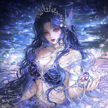1girl beads blue_hair breasts bubble fins gem gloriash hair_ornament head_fins jewelry long_hair looking_at_viewer mermaid monster_girl necklace original pearl_gemstone shell solo upper_body water