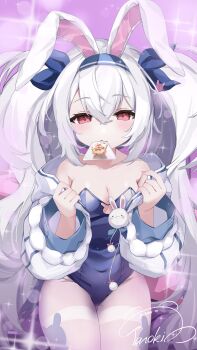 1girl absurdres animal_ears artist_name azur_lane blue_hairband blue_leotard blue_ribbon breasts card chinese_commentary cleavage_cutout clothing_cutout commentary_request covered_navel cowboy_shot crossed_bangs fake_animal_ears hair_between_eyes hair_ribbon hairband highres laffey_(azur_lane) laffey_ii_(azur_lane) laffey_ii_(sleepy_on_a_busy_day)_(azur_lane) leotard long_hair looking_at_viewer medium_breasts mixed-language_commentary mouth_hold official_alternate_costume pantyhose playboy_bunny playing_card rabbit_ears red_eyes ribbon signature solo sparkle standing tanoki233 thigh_gap thighband_pantyhose twintails very_long_hair white_hair white_pantyhose