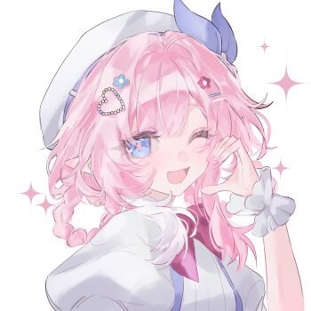 1girl ;o beret blue_eyes breasts chinese_commentary commentary_request cyrene_(aedes_elysiae)_(honkai:_star_rail) cyrene_(honkai:_star_rail) cyrene_(keeping_promise)_(honkai:_star_rail) dress half-heart_hands hat highres honkai:_star_rail honkai_(series) looking_at_viewer official_alternate_costume one_eye_closed pink_hair pointy_ears procreate_(medium) short_hair simple_background small_breasts solo upper_body white_background white_dress zyzy666