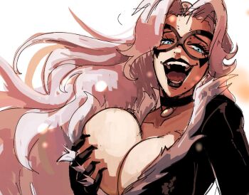 1girl black_bodysuit black_cat_(marvel) black_lips black_mask blue_eyes bodysuit breasts cleavage cupperexe ecstasy eye_mask felicia_hardy fur-trimmed_bodysuit grabbing_own_breast large_breasts long_hair marvel mask meme open_mouth smile solo spider-man_(series) superhero_costume upper_body white_hair yumeko_grabbing_her_own_boob_(meme)