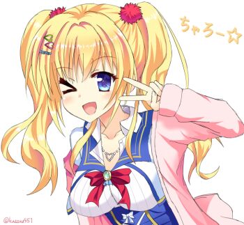 Rule 34 | > o, 1girl, ;d, blonde hair, blue eyes, blush, bow, bowtie, breasts, cardigan, charo (meme), collarbone, collared shirt, commentary request, eyelashes, hair between eyes, hair ornament, hairclip, hand up, heart, heart hair ornament, heart necklace, jewelry, kin-iro loveriche, kisaki reina, kussuu451, large breasts, long hair, looking at viewer, meme, necklace, one eye closed, open cardigan, open clothes, open mouth, partial commentary, pink cardigan, pom pom (clothes), pom pom hair ornament, red bow, red bowtie, sanoba witch, school uniform, sendai eri, shirt, sidelocks, simple background, sleeves past wrists, smile, solo, star (symbol), translated, twintails, twitter username, upper body, v, voice actor connection, white background, white shirt