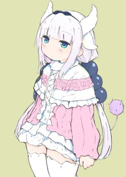 Rule 34 | 1girl, blue eyes, commentary request, dragon girl, dragon horns, dress, expressionless, flat chest, highres, horns, kanna kamui, kinomoto (nazonoinu), kobayashi-san chi no maidragon, long hair, looking to the side, low twintails, simple background, sketch, solo, tail, thighhighs, twintails, white hair, zettai ryouiki